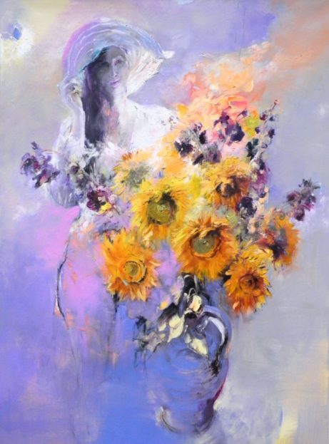 Obraz Dívka a slunečnice, akademický malíř Jan Řeřicha Cardamine, olejomalba, portrét, květiny