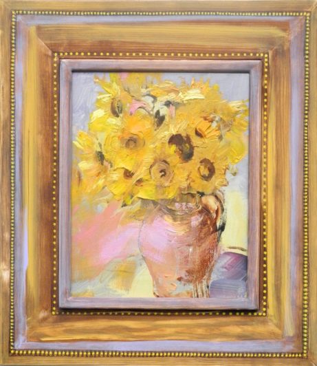 Obraz Slunečnice v růžovém džbánu, akademický malíř Jan Řeřicha Cardamine, květiny